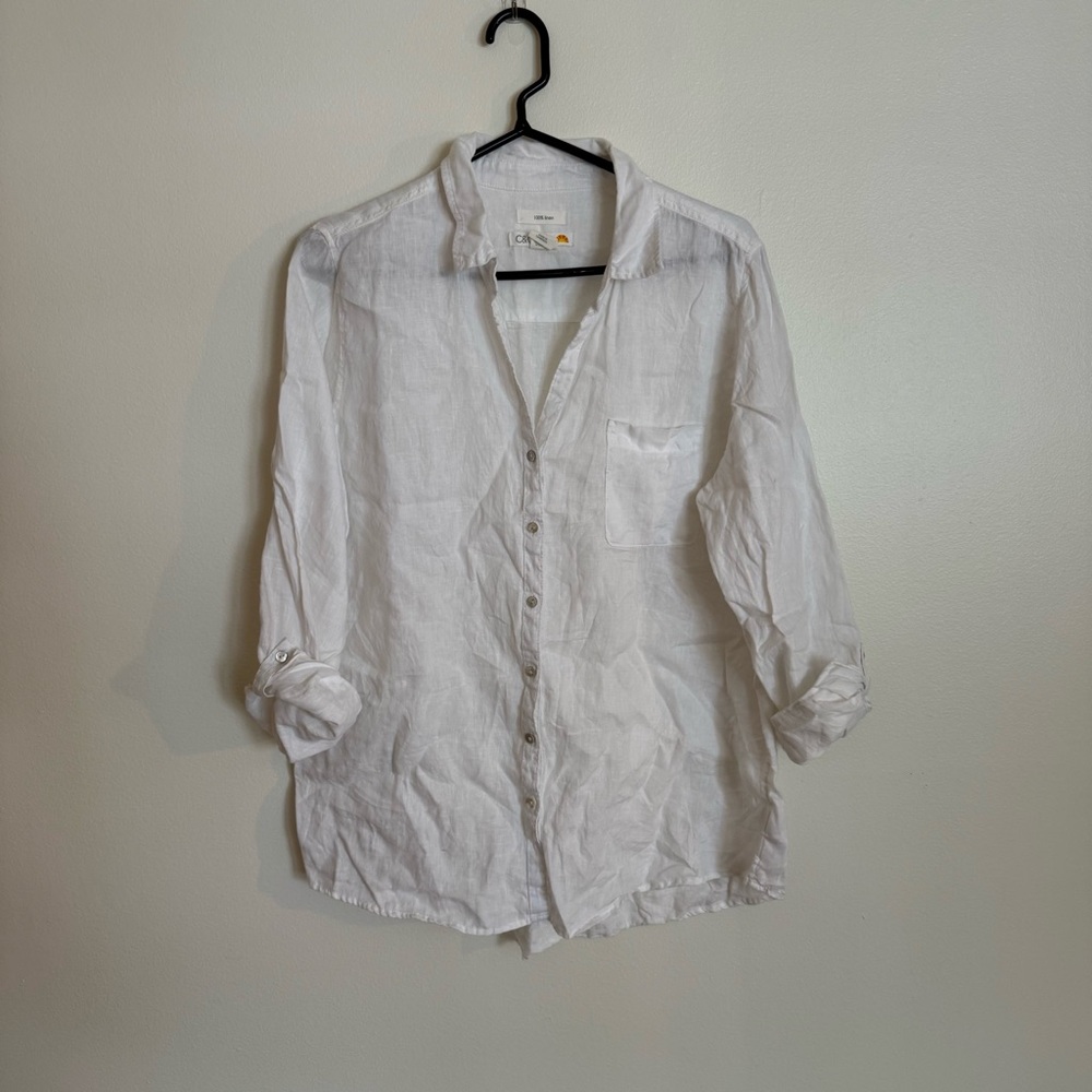 Women’s L C & C California White Linen button down Boho Blouse Lagenlook Beach
